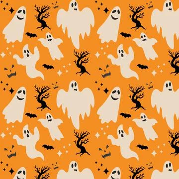 Doodle cute ghosts Haloween seamless pattern. Background with simple spooky c Stock Illustration