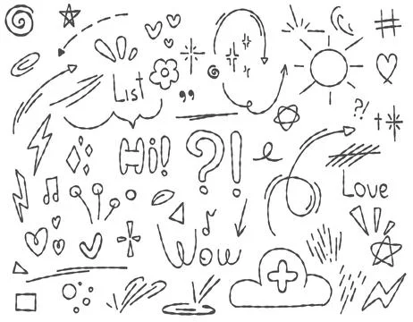Doodle cute glitter pen line elements drawn in pencil. Doodle heart, arrow,.. Stock Illustration