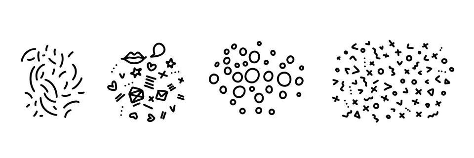 Doodle cute liner elements compositions. Doodle heart, lips, letter, envelope Stock Illustration