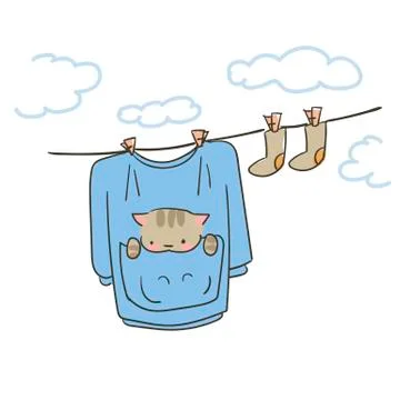 Doodle cute little cat vector hanged clothes Stock Illustration