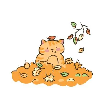 Doodle cute little cat vector leaves autumn Stock Illustration