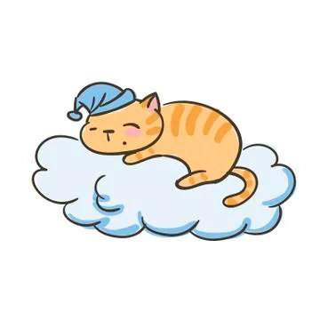 Doodle cute little cat vector sleep on the cloud Stock Illustration
