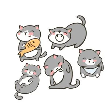 Doodle cute little cat vector set grey food yawn lick lay smile Stock Illustration