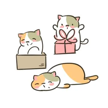 Doodle cute little cat vector set collection present box tired Ilustración de archivo