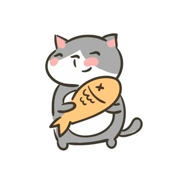 Doodle cute little cat vector fish trophy Stock Illustration