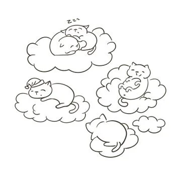 Doodle cute little cat vector sletch coloring book dreams clouds sleep Stock Illustration