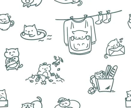 Doodle cute little cat vector seamless pattern Illustrazione stock