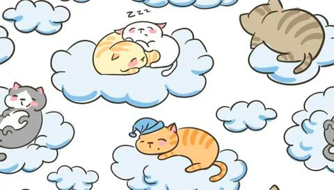 Doodle cute little cat vector seamless pattern sleep clouds 스톡 일러스트
