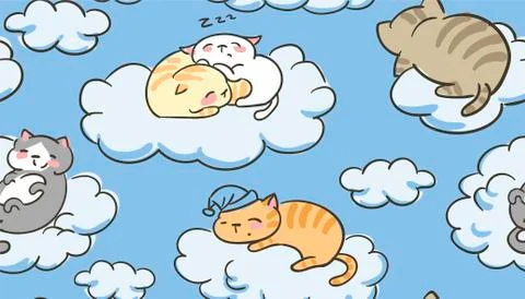 Doodle cute little cat vector seamless pattern sleep clouds イラスト素材