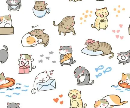 Doodle cute little cat vector seamless pattern Illustrazione stock