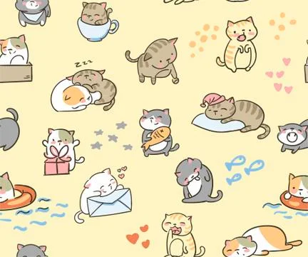 Doodle cute little cat vector seamless pattern Stock Illustration