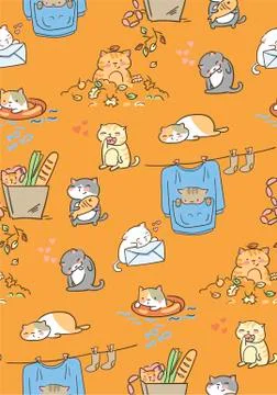 Doodle cute little cat vector seamless pattern Stock Illustration
