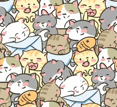 Doodle cute little cat vector seamless pattern Stock Illustration