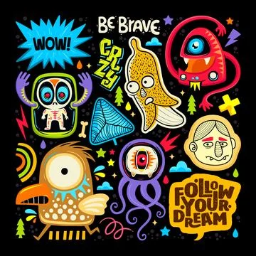Doodle Cute Monster Sticker Icons Hand Drawn Coloring Vector 7 Ilustración de archivo
