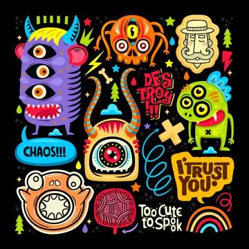 Doodle Cute Monster Sticker Icons Hand Drawn Coloring Vector 6 Ilustración de archivo