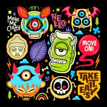 Doodle Cute Monster Sticker Icons Hand Drawn Coloring Vector 9 Ilustración de archivo