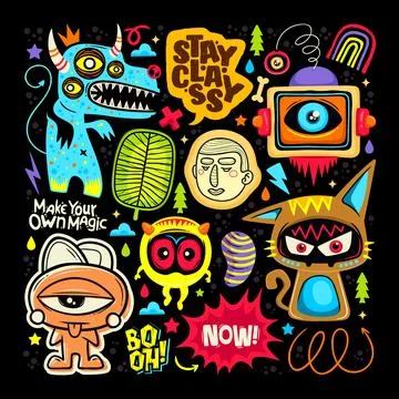 Doodle Cute Monster Sticker Icons Hand Drawn Coloring Vector 10 Ilustración de archivo