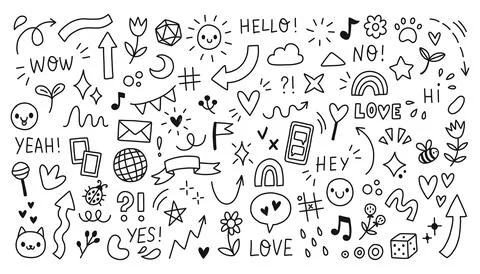 Doodle cute pen line elements set. Doodle heart, arrow, star, sparkle decoration Stock Illustration