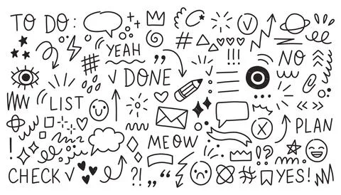 Doodle cute pen line elements set. Doodle heart, arrow, star, sparkle decoration Stock Illustration