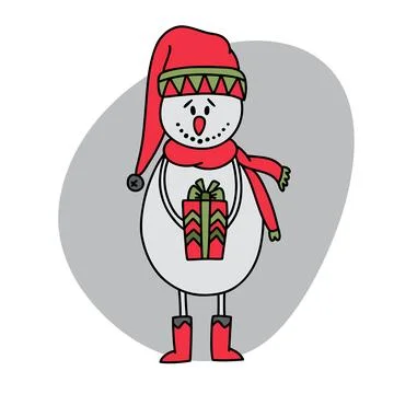 Doodle cute snowman in a red hat with gift. Stock Illustration