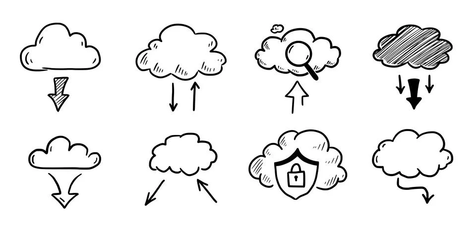 Doodle data server cloud set Stock Illustration