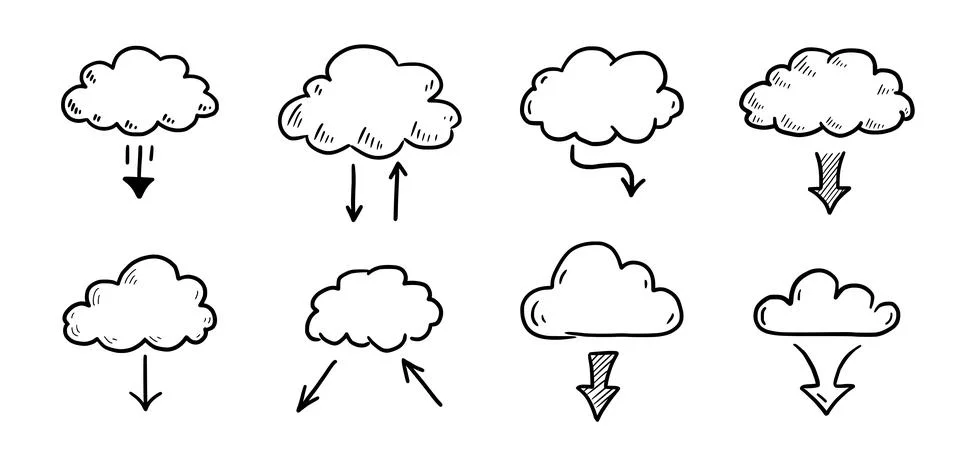 Doodle data server cloud set Stock Illustration