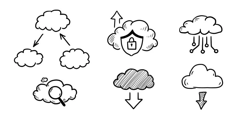 Doodle data server cloud set Stock Illustration