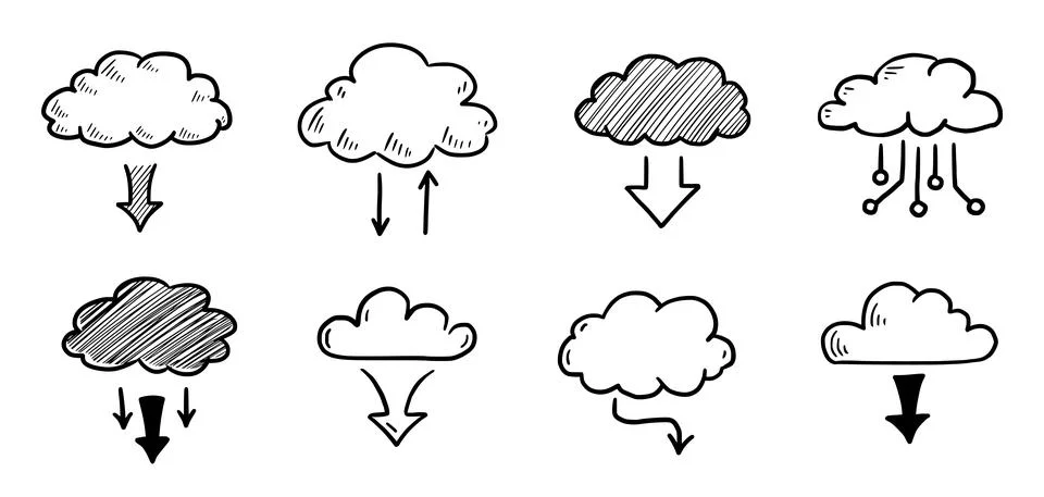 Doodle data server cloud set Stock Illustration