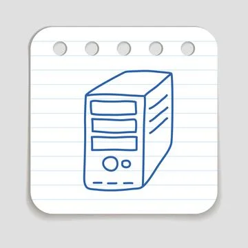 Doodle Desctop Computer Box icon, blue pen hand drawn symbol on notepaper pie Stock Illustration