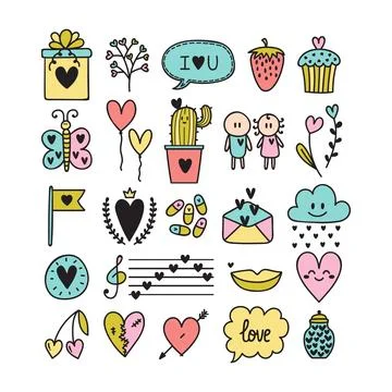 Doodle design elements for love theme. Set of romantic elements. Hand drawn.. Stock Illustration