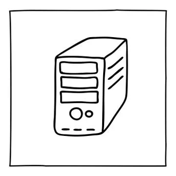 Doodle desktop computer icon or logo, hand drawn with thin black line. Stock Illustration