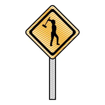 Doodle diamond caution emblem and laborer with mallet Stock Illustration