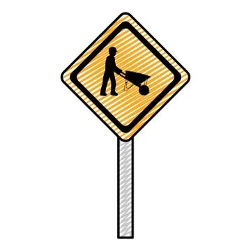 Doodle diamond caution emblem and laborer with wheelbarrow Stock Illustration