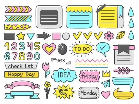 Doodle diary elements. Bullet journal cute stickers, calendar labels. Office イラスト素材