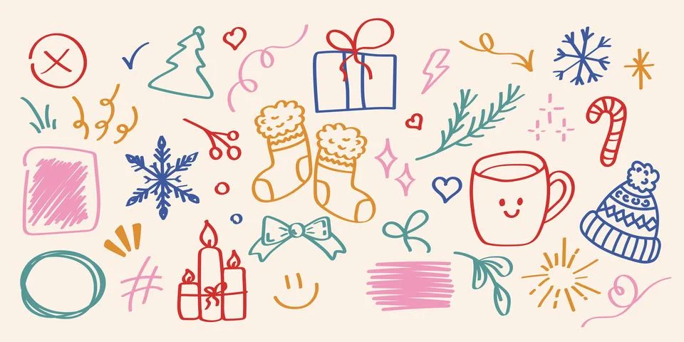 Doodle different New Year objects cute set. Stock Illustration