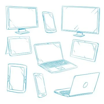 Doodle digital devices, tablet, pc, laptop, cell phone line vector icons Stock Illustration