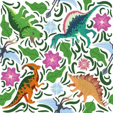 Doodle dinosaur pattern. Seamless textile dragon print, trendy childish fabri 스톡 일러스트