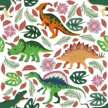 Doodle dinosaur pattern. Seamless textile dragon print, trendy childish fabri Stock Illustration