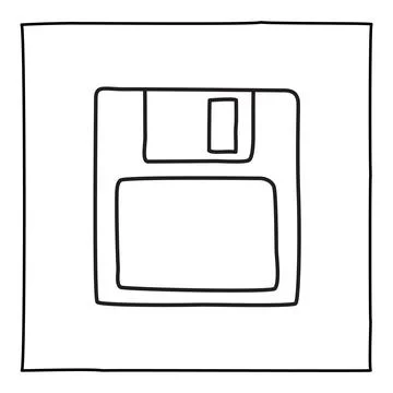 Doodle diskette save icon or logo, hand drawn with thin black line. Stock Illustration