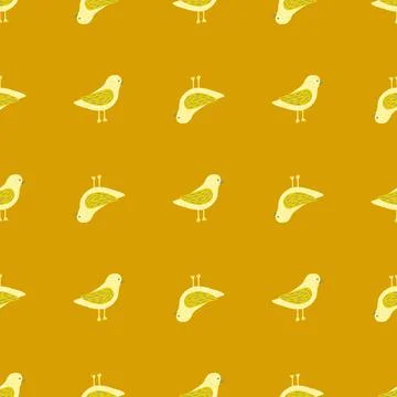Doodle dove bird seamless pattern in hand drawn simple stylistic. Ocher backg Stock Illustration
