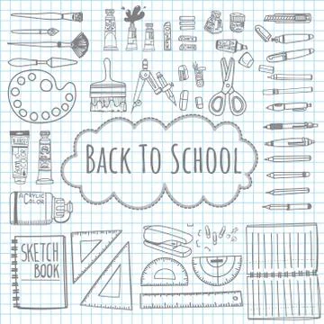 Doodle drawing back to school template with school supplies on graph paper ba Illustrazione stock