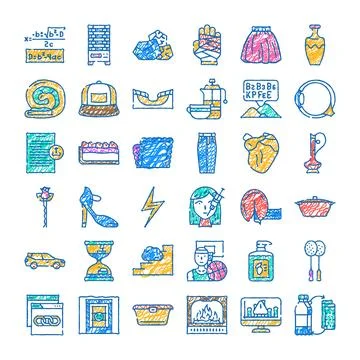 Doodle drawing collection featuring various colorful icons Stock Illustration