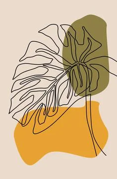 Doodle drawing in continuous line of monstera leaf on beige background with Illustrazione stock