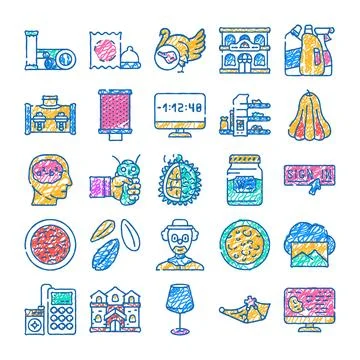 Doodle drawing icons collection different objects daily life Stock Illustration