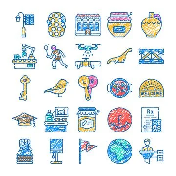 Doodle drawing icons collection representing various concepts 스톡 일러스트