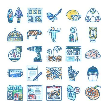 Doodle drawing icons collection representing various concepts Illustrazione stock
