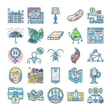 Doodle drawing icons collection representing various concepts Stock Illustration