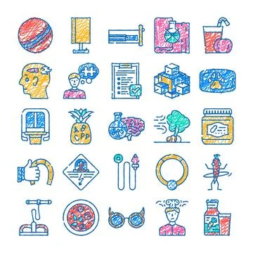Doodle drawing icons set representing various concepts Stock Illustration