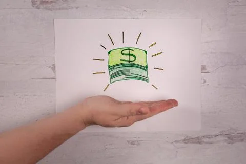 Doodle drawing of stack of cash money with human hand presenting funds Stock Photos