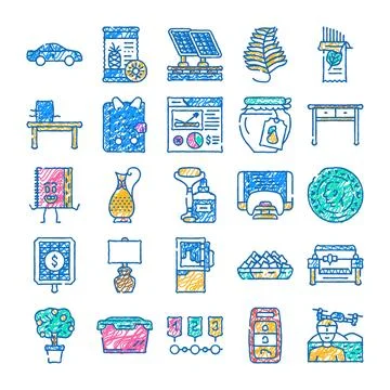 Doodle drawing various icons representing finance and energy Stock Illustration